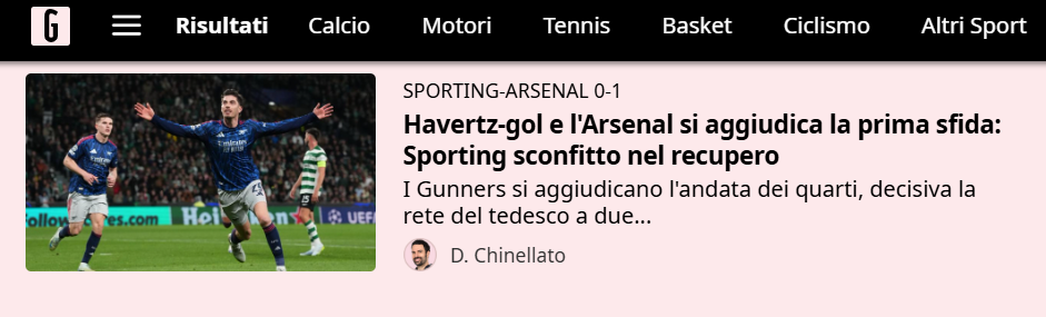 Gazzetta dello Sport: Havertz marca e Arsenal vence, Sporting perde na compensação