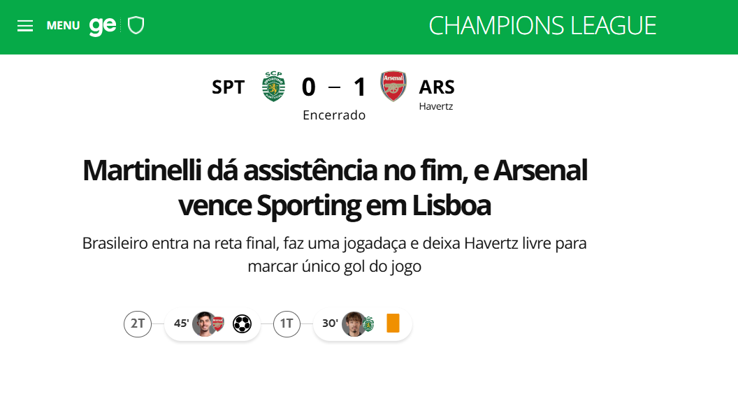 Globoesporte: Martinelli assiste no fim e Arsenal vence Sporting em Lisboa