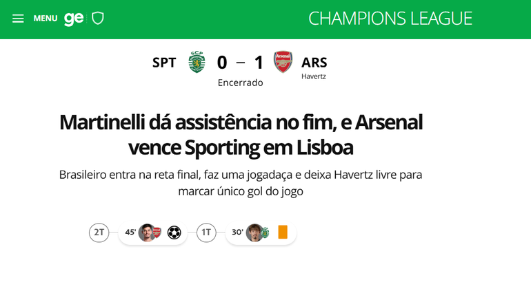 Globoesporte: Martinelli assiste no fim e Arsenal vence Sporting em Lisboa