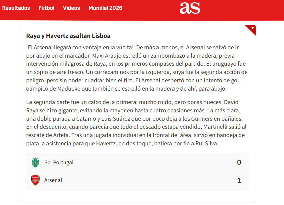 AS: Raya e Havertz assaltam Lisboa. Arsenal leva vantagem para a segunda mão