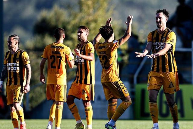 Festa dos jogadores do Lusitânia de Lourosa após o triunfo na receção ao Aves SAD — Foto: Liga Portugal