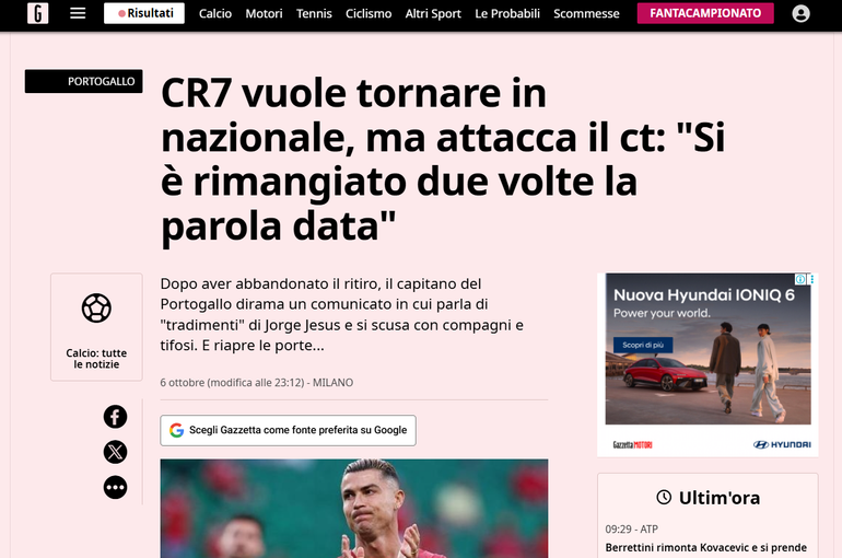 Gazzetta dello Sport a dar conta da resposta de CR7