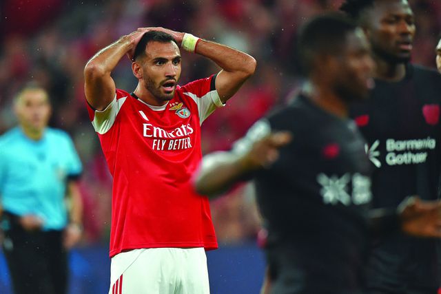 Reação de Pavlidis depois de o Leverkusen ter marcado na Luz. Alemães venceram por 1-0 — Foto: Miguel Nunes