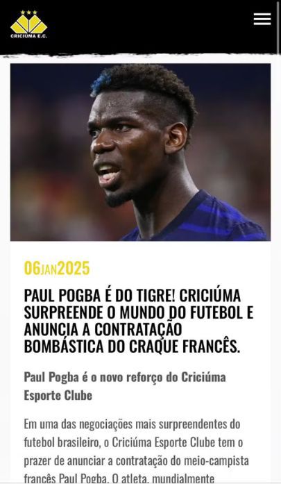 Anúncio da falsa contratação de Pogba pelo clube brasileiro Criciúma