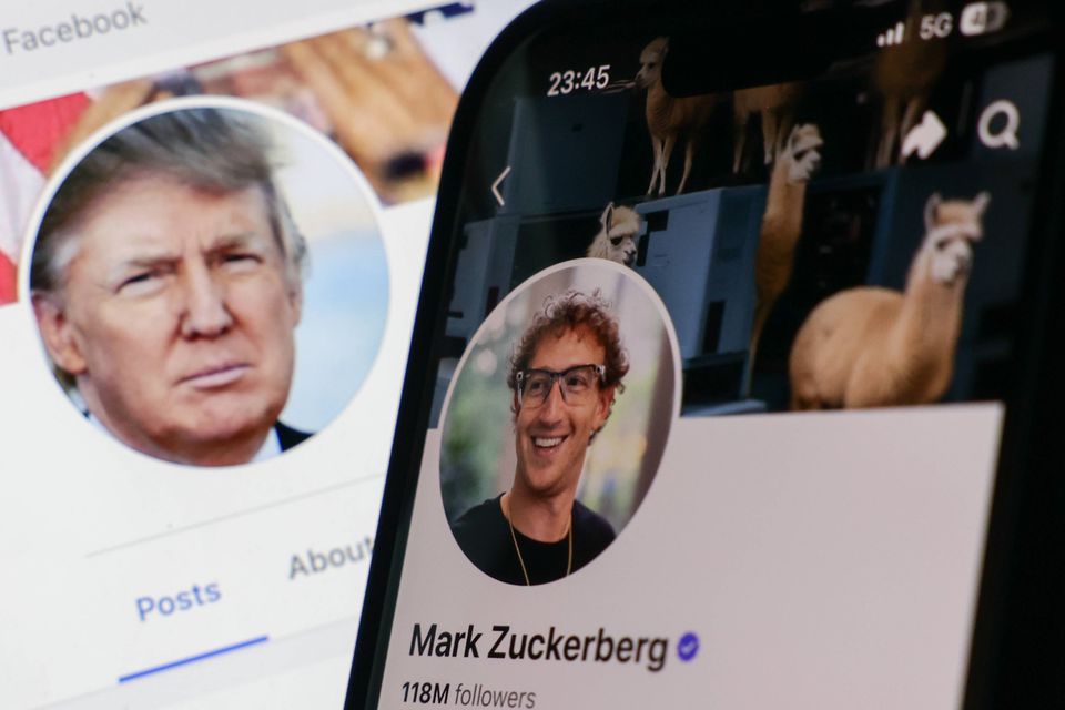 Montagem com Donald Trump, Mark Zuckerberg e uma conta de Facebook