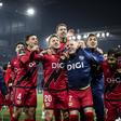 Rayo Vallecano a festejar o apuramento para uma final europeia