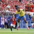 Erlind Haaland poderoso nas alturas no momento do primeiro golo frente ao Brasil - Foto: IMAGO