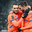 Rabiot e Gouiri a celebrarem o primeiro golo do Marselha