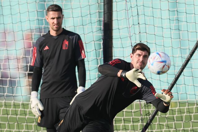 Thibaut Courtois e Koen Casteels a treinarem pela Bélgica