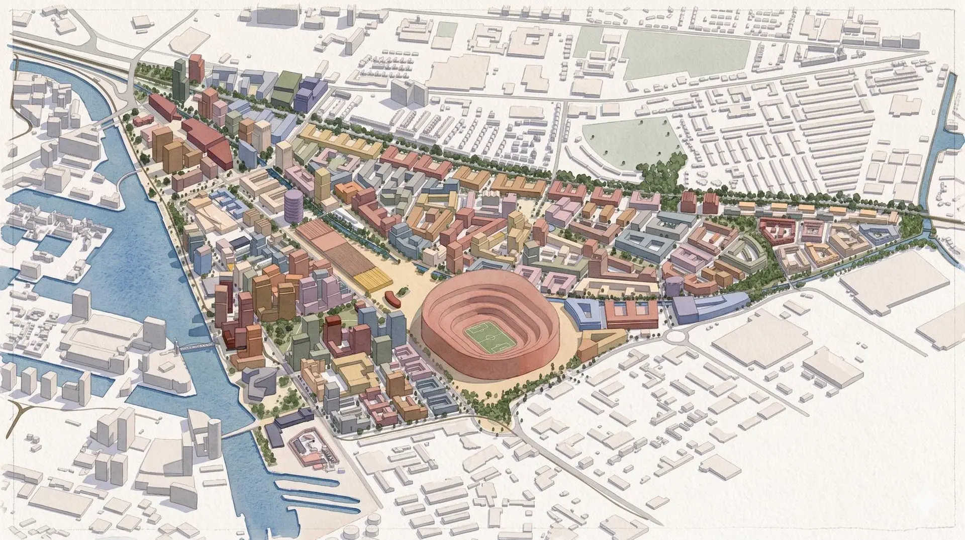 Projeto do novo estádio do Manchester United e zona envolvente