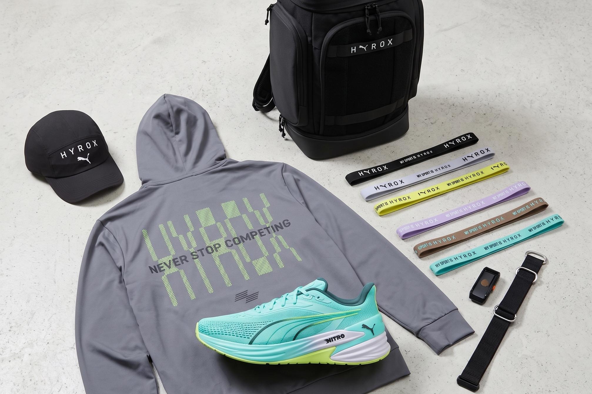 Kit de equipamento de treino desportivo co-branding Puma Hyrox e uma pulseira desportiva.