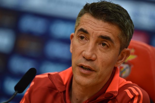 Bruno Lage na conferência de imprensa do Benfica. Foto: Miguel Nunes