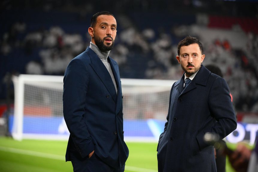 Mehdi Benatia, diretor desportivo do Marselha, ao lado do Presidente Pablo Longoria