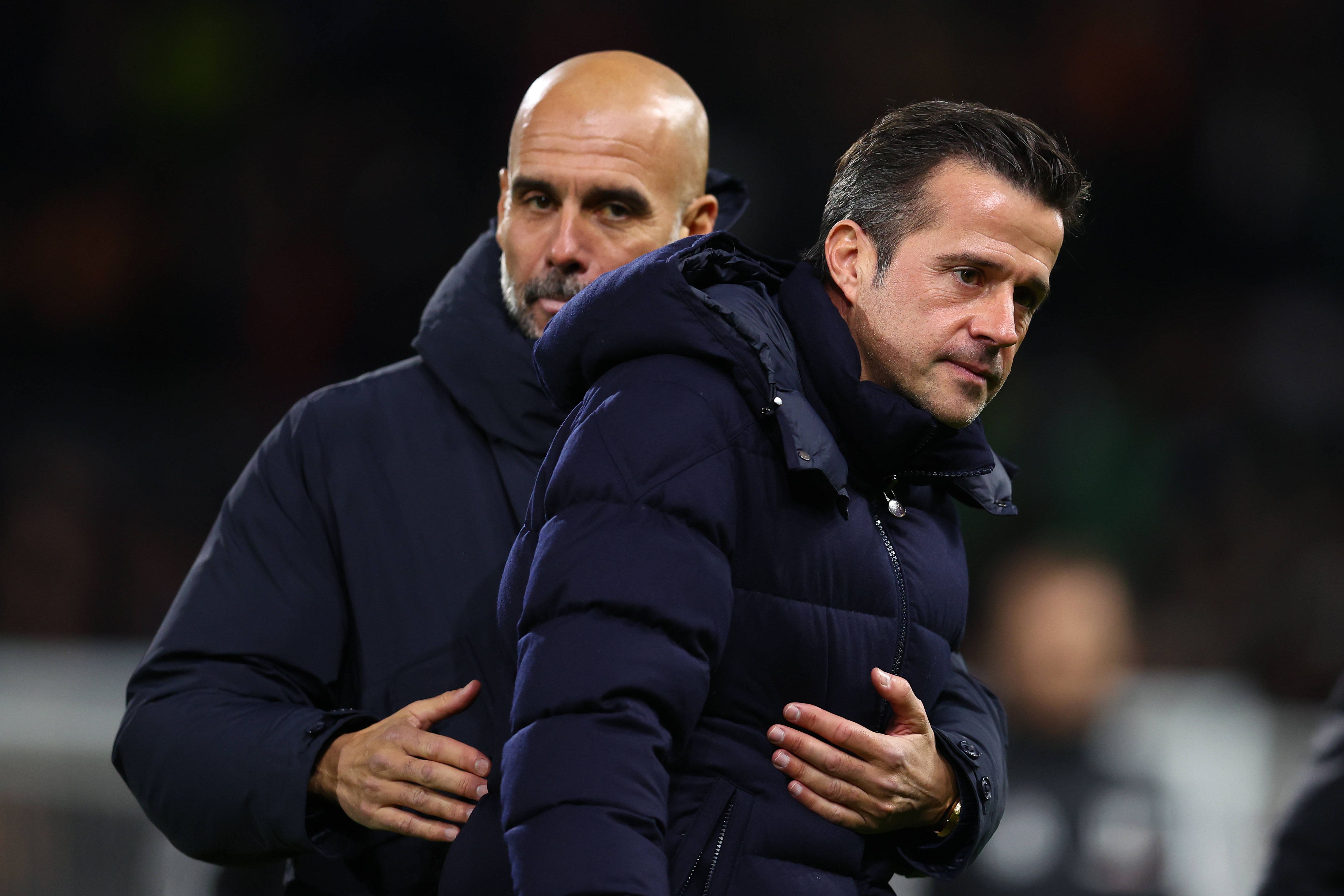 Marco Silva com Pep Guardiola antes do Fulham-Manchester City