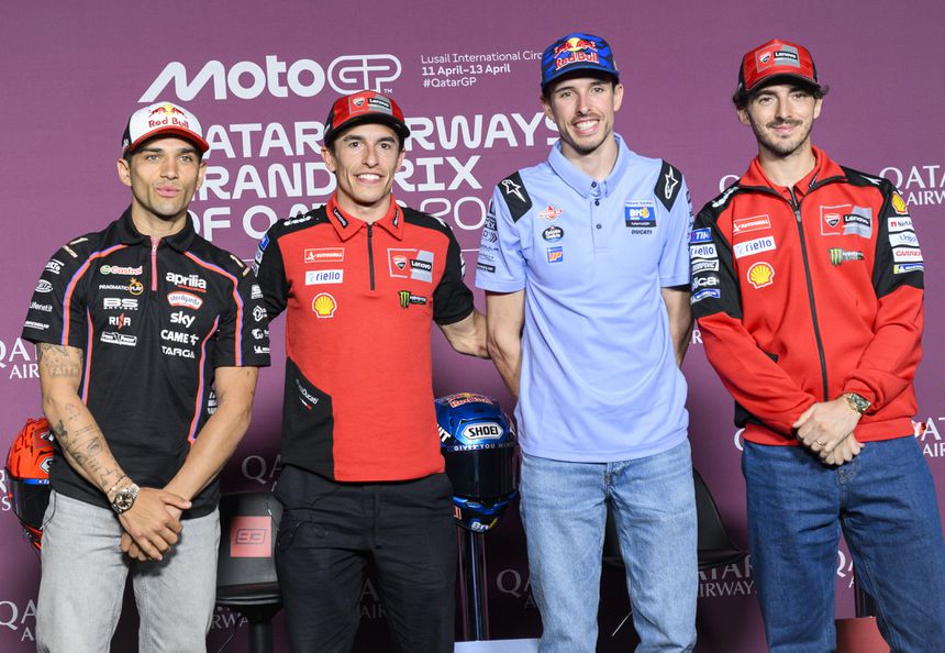 Jorge Martin, Marc Márquez, Álex Márquez e Francesco Bagnaia em conferência de imprensa