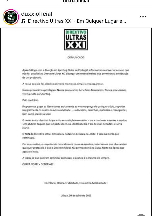 O comunicado do Directivo Ultras XXI