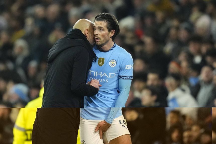 Pep Guardiola a falar com Jack Grealish após um jogo do Manchester City