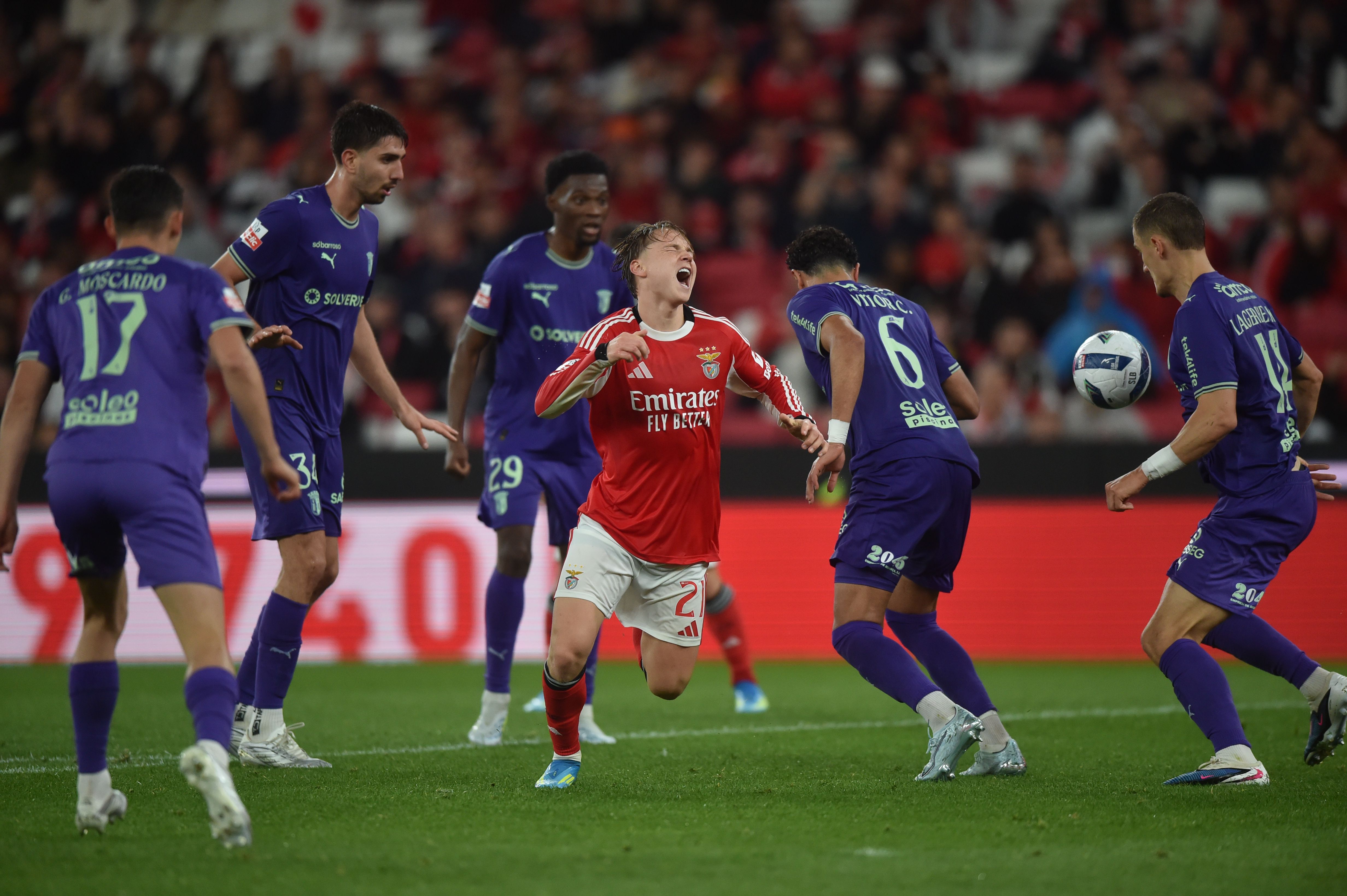 Schjelderup sofreu falta de Vítor Carvalho na área, lance que deu penálti (abriu caminho ao 2-2) - Foto: A BOLA/Miguel Nunes