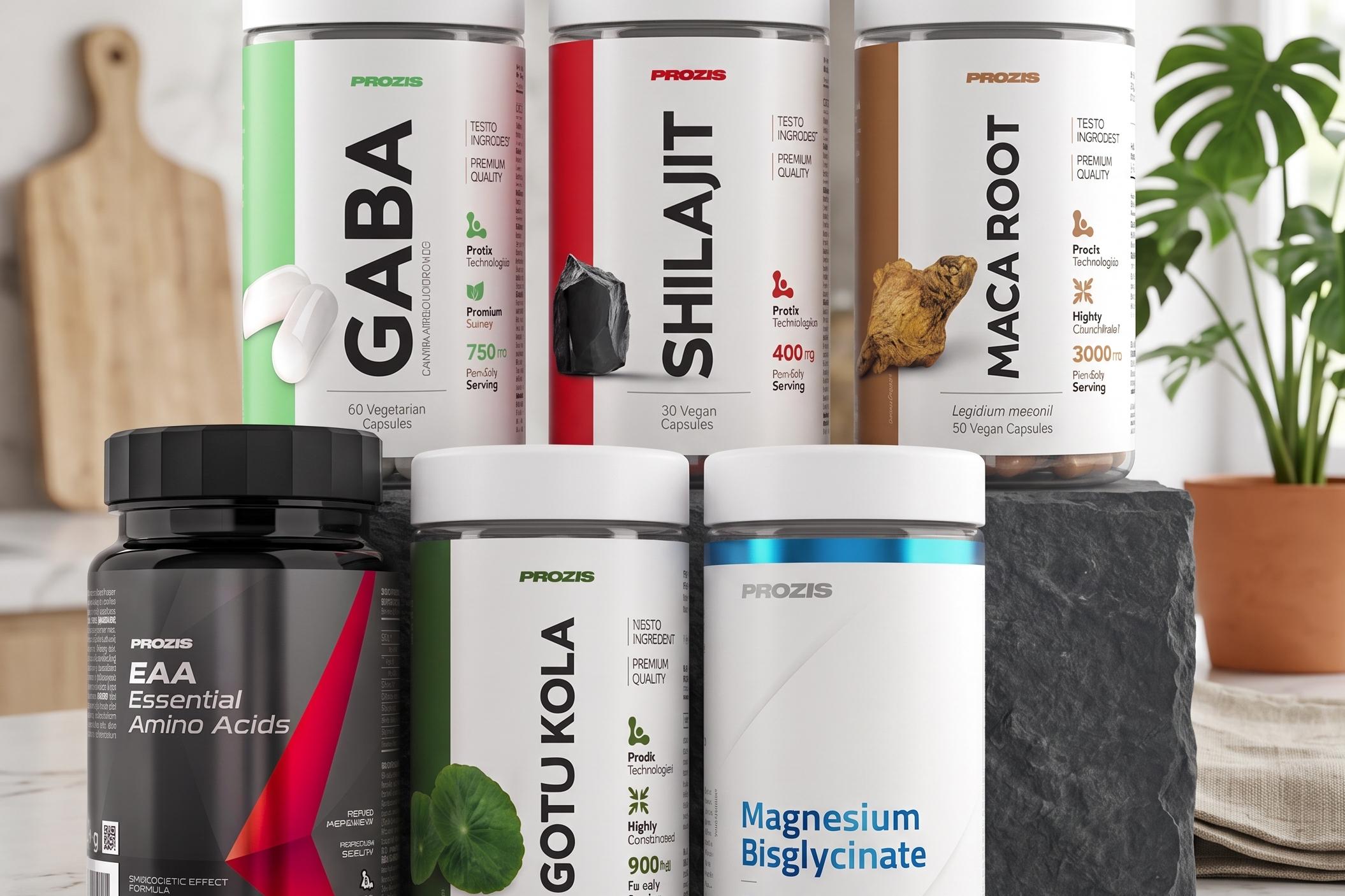 Seis produtos PROZIS organizados em duas filas sobre uma bancada de mármore. A fila de trás mostra os suplementos GABA, Shilajit e Maca Root. A fila da frente mostra EAA, Gotu Kola e Magnesium Bisglycinate. O fundo é um ambiente de cozinha.