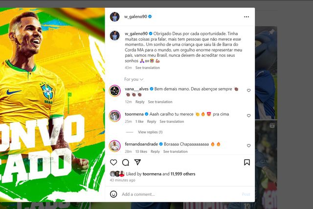 Galeno parece decidido: «Orgulho enorme representar meu país, vamos meu Brasil!»