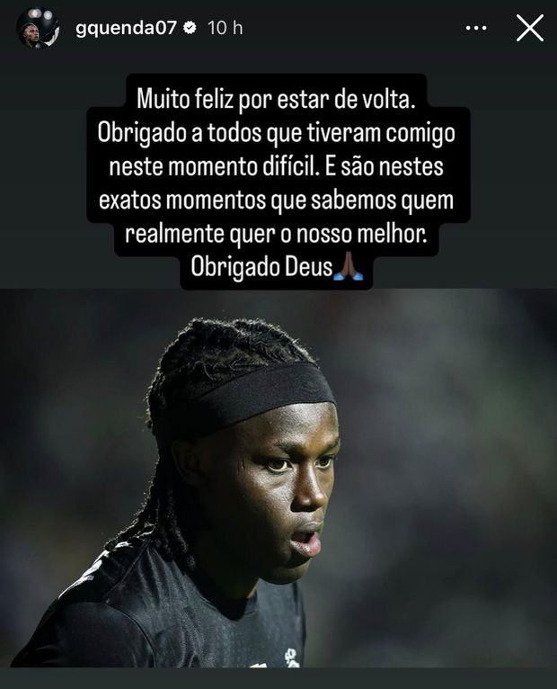 Mensagem de Quenda após o regresso aos relvados (Instagram)