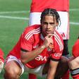 Rui Silva, Duarte Soares, João Afonso e Gonçalo Moreira festejam após o terceiro golo, marcado pelo lateral, na vitória sobre o Nápoles na Youth League — Foto: SL Benfica