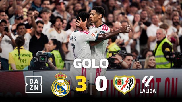 Remate perfeito de Bellingham no terceiro golo do Real Madrid