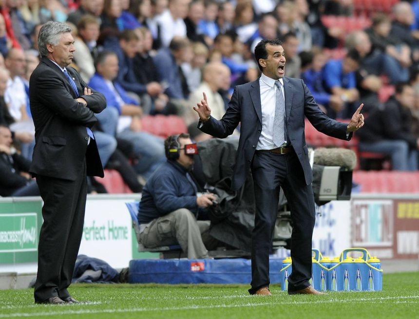 Carlo Ancelotti e Roberto Martínez quando trabalhavam em Inglaterra - Foto: Imago