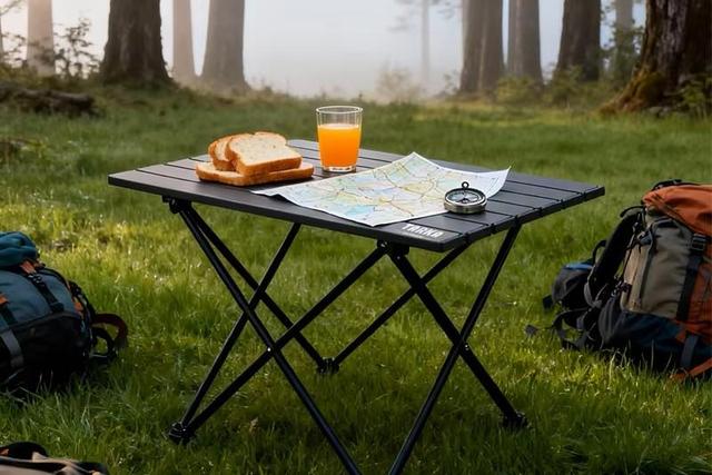 Mesa de campismo portátil em alumínio com lanche, mapa e bússola, montada num cenário de natureza com árvores e neblina.