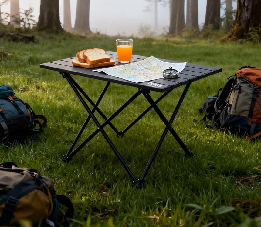 Mesa de campismo portátil em alumínio com lanche, mapa e bússola, montada num cenário de natureza com árvores e neblina.