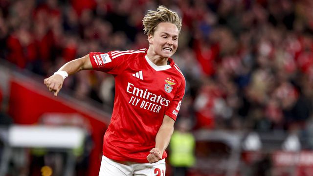 Andreas Schjelderup a celebrar um dos três golos que marcou pelo Benfica, esta época
