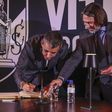 António Miguel Cardoso e Belmiro Pinto dos Santos, na tomada de posse dos Órgãos Sociais para o triénio 2025-2028, em março do ano passado - Foto: Vitória de Guimarães