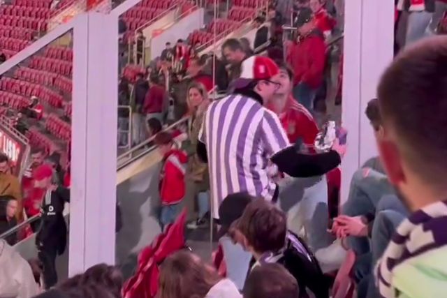 O 'fair-play' entre adeptos de Benfica e Toulouse no final do jogo na Luz