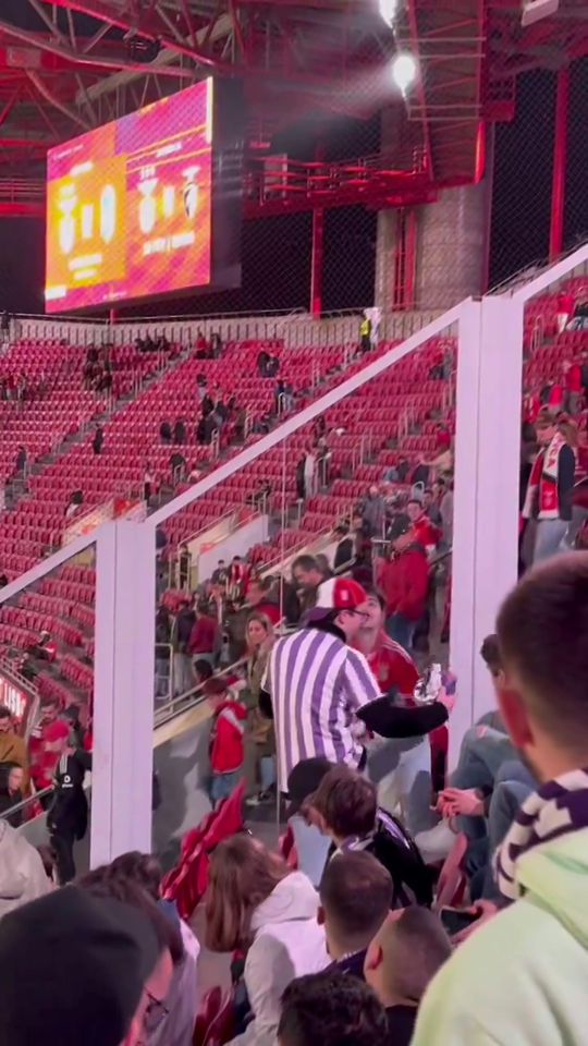 O 'fair-play' entre adeptos de Benfica e Toulouse no final do jogo na Luz