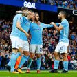 Otamendi a festejar um golo ao lado de Bernardo Silva, Aguero e Stones no Man. City