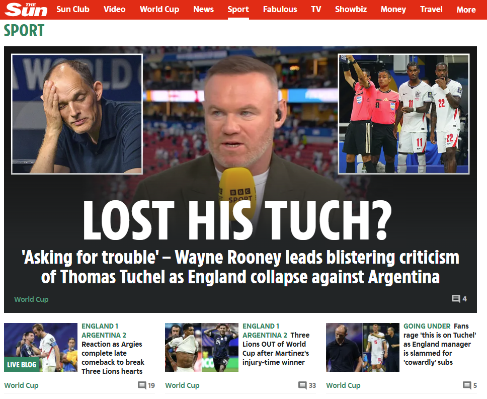 O The Sun aposta no trocadilho de Tuchel com 'touch' - toque, em inglês: «Perdeu o seu 'Tuch'?» Wayne Rooney referiu que Tuchel «pedia problemas» com as substituições feitas