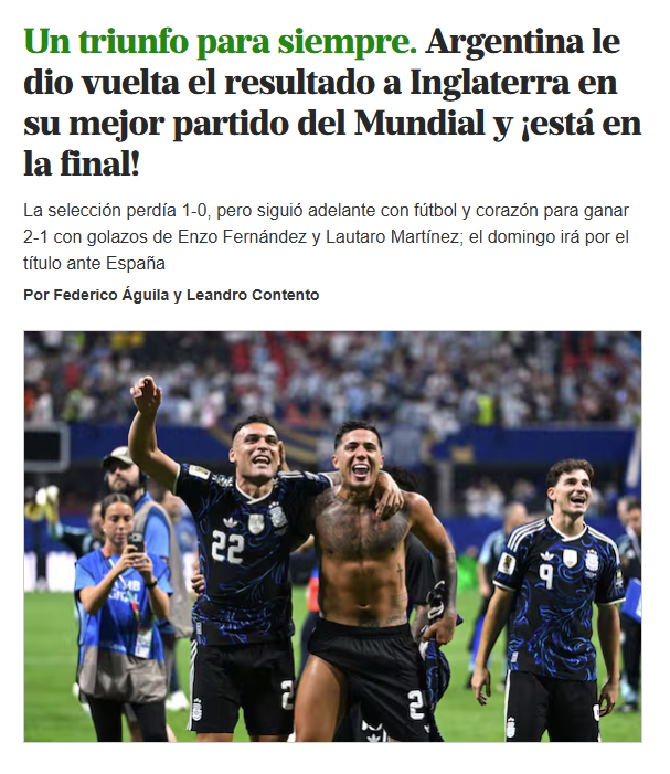 La Nación: «Argentina deu a volta ao resultado na sua melhor exibição no Mundial.» A equipa «segue em frente com futebol e coração»