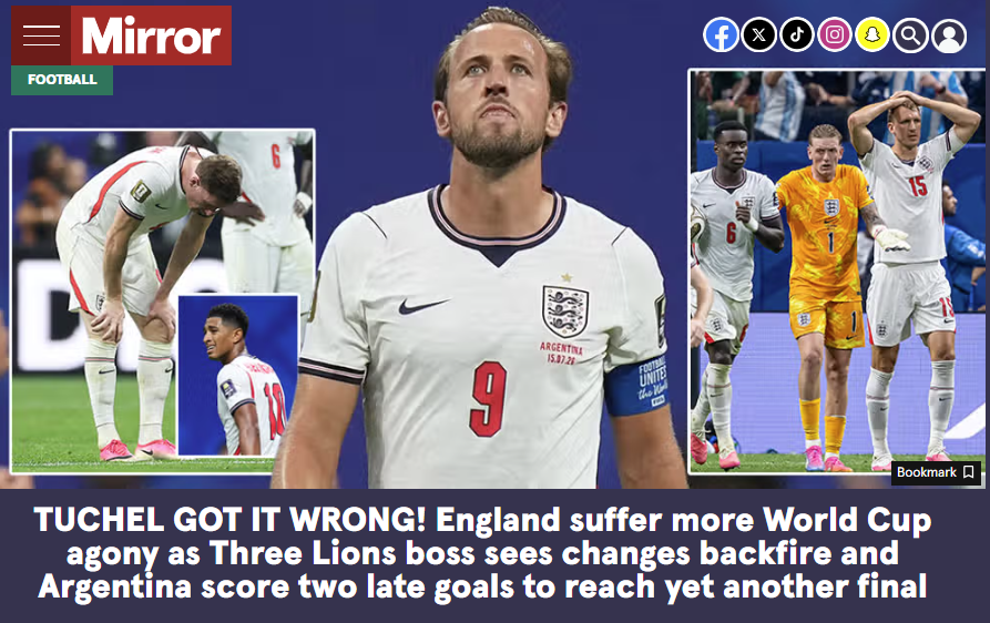 «Tuchel enganou-se! Inglaterra sofre mais agonia no Mundial», atira o Daily Mirror