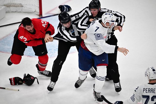 Pierre Crinon (à direita), jogador de hóquei no gelo da seleção francesa, envolveu-se em cenas de luta com Tom Wilson, do Canadá