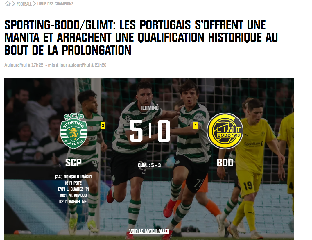 RMC Sport: Sporting garante vitória por cinco golos e alcança qualificação histórica após prolongamento