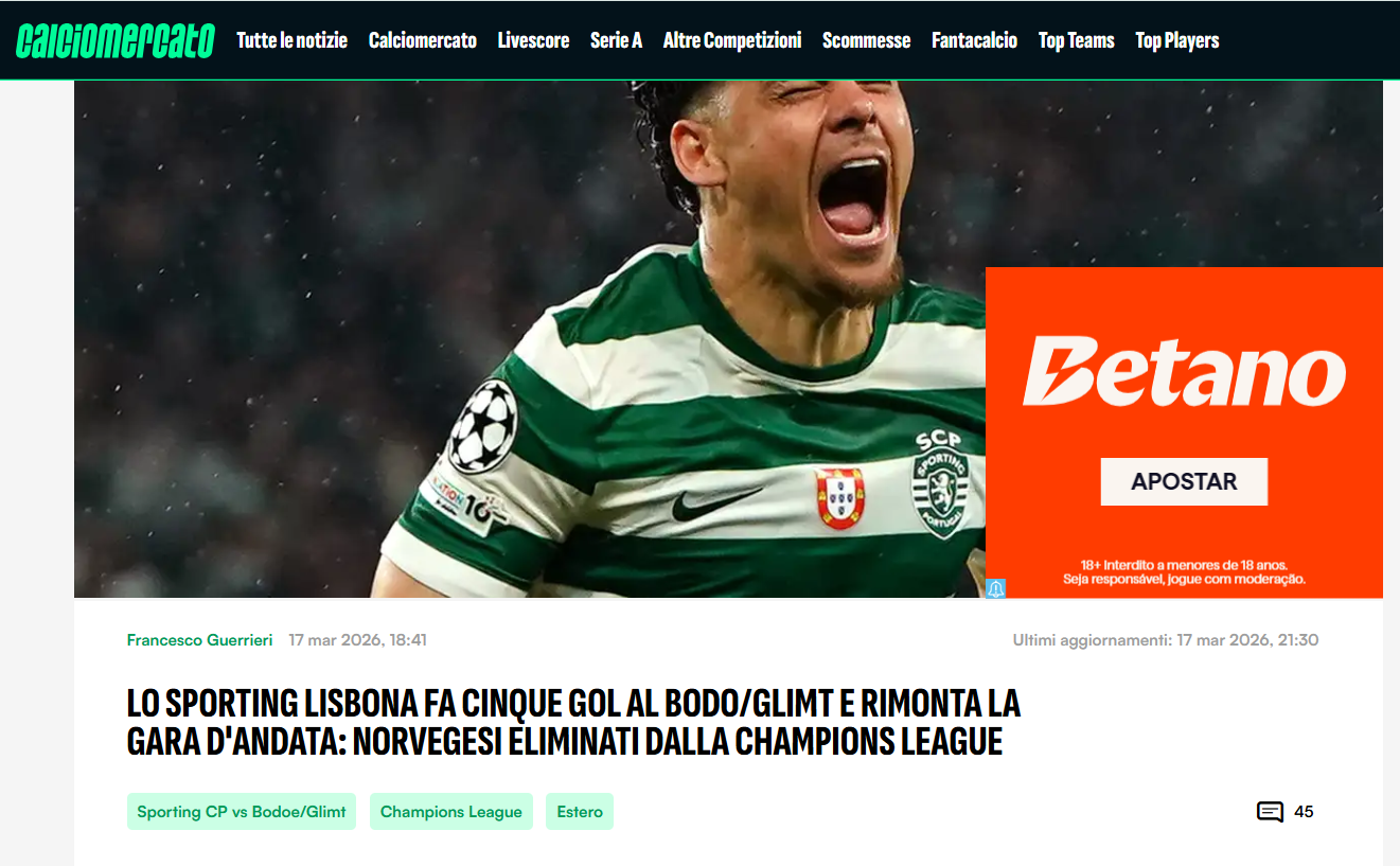 Calciomercato: Sporting marcou cinco golos contra o Bodo/Glimt e remonta jogo da primeira mão: noruegueses eliminados da Champions