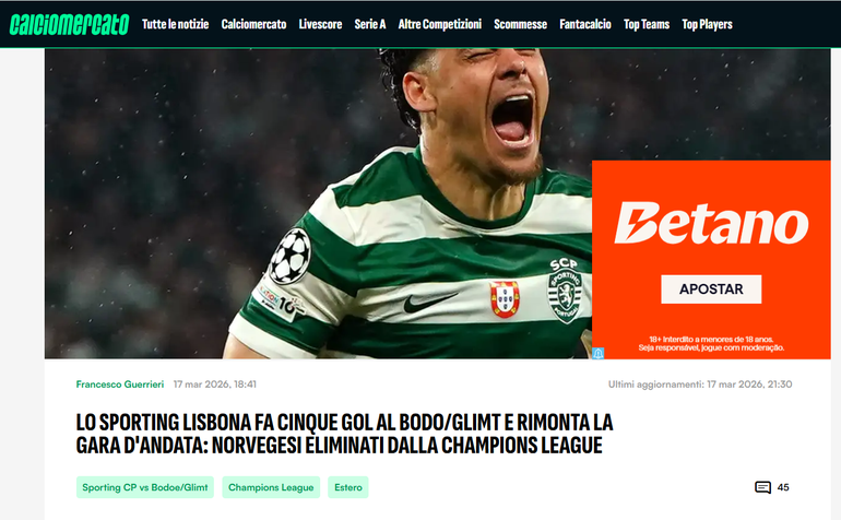 Calciomercato: Sporting marcou cinco golos contra o Bodo/Glimt e remonta jogo da primeira mão: noruegueses eliminados da Champions