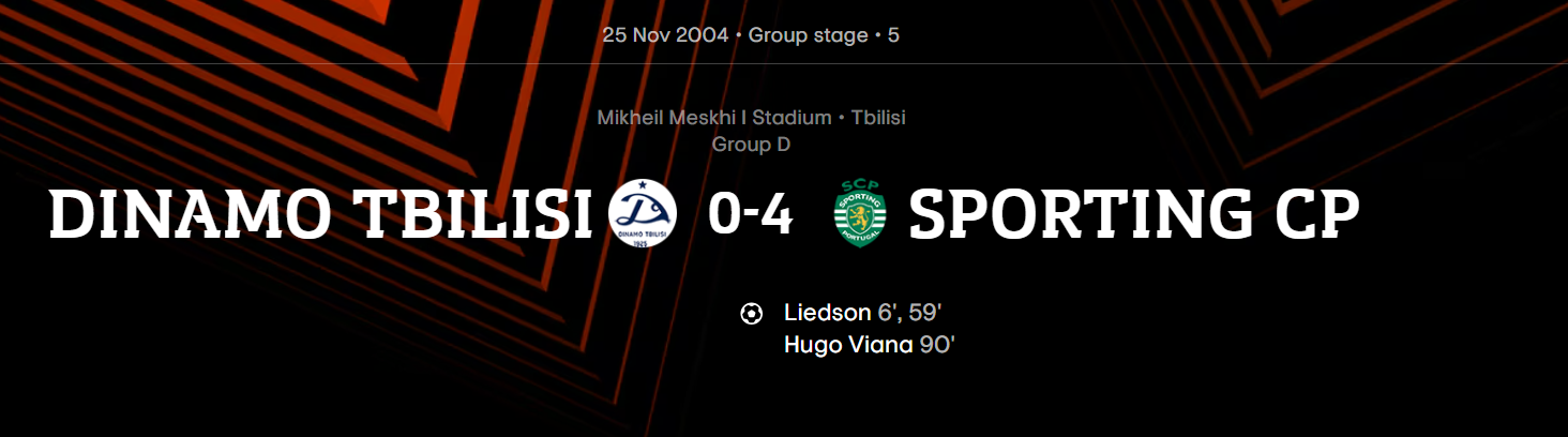 Em 2004, o Sporting bateu o Dinamo Tbilisi, por 4-0, na fase de grupos da Taça UEFA