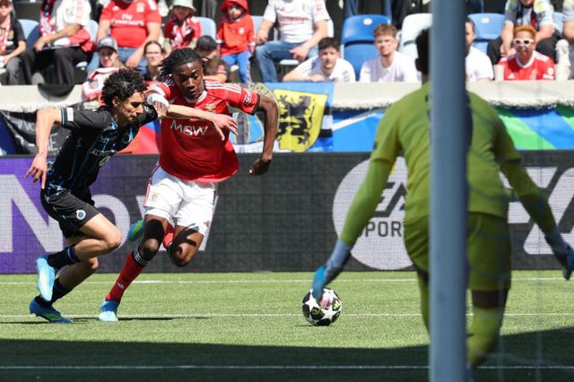 Jaden Umeh na derrota do Benfica com o Club Brugge — Foto: SL Benfica