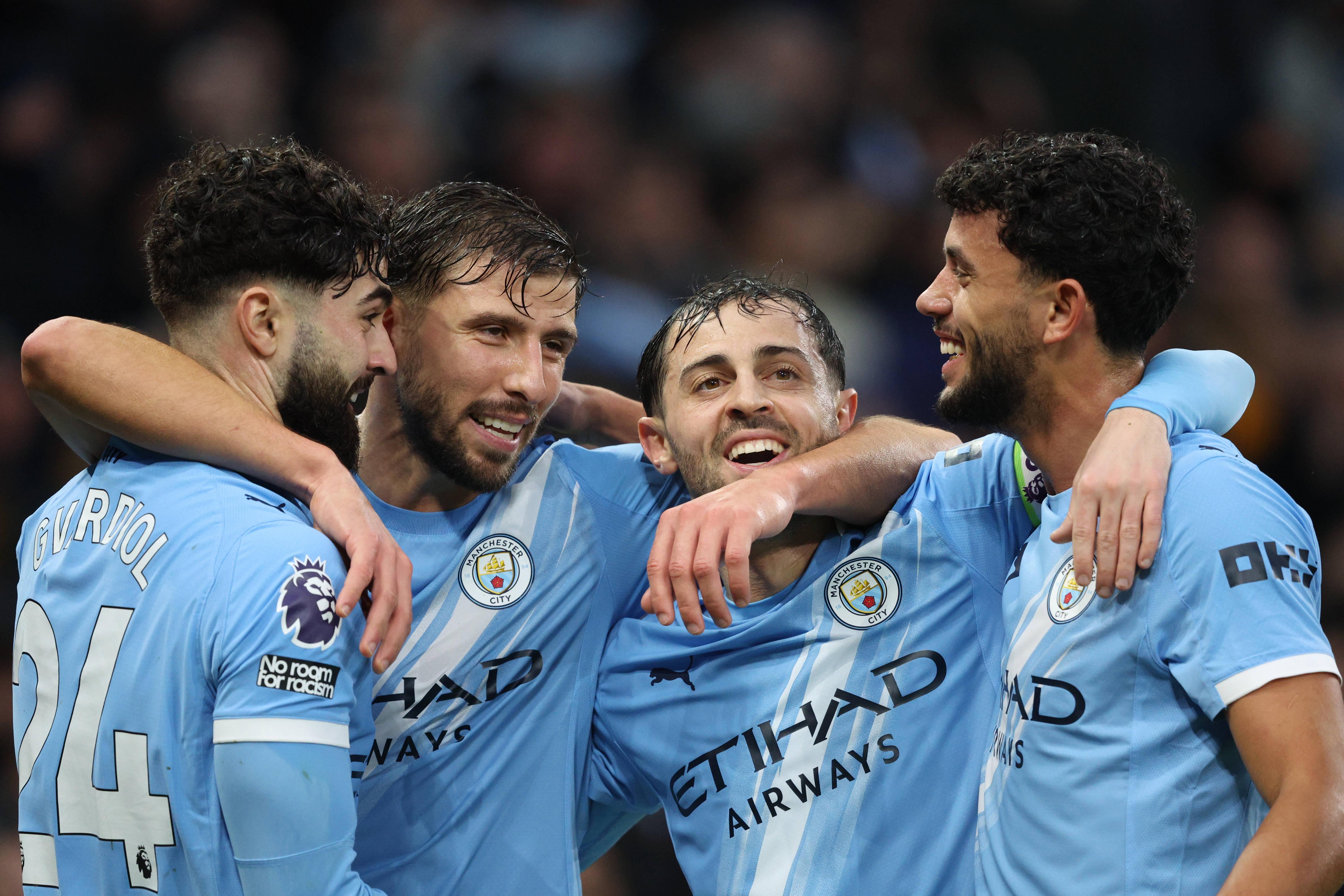 Bernardo Silva e a armada lusa do Man. City a festejar um golo com Gvardiol