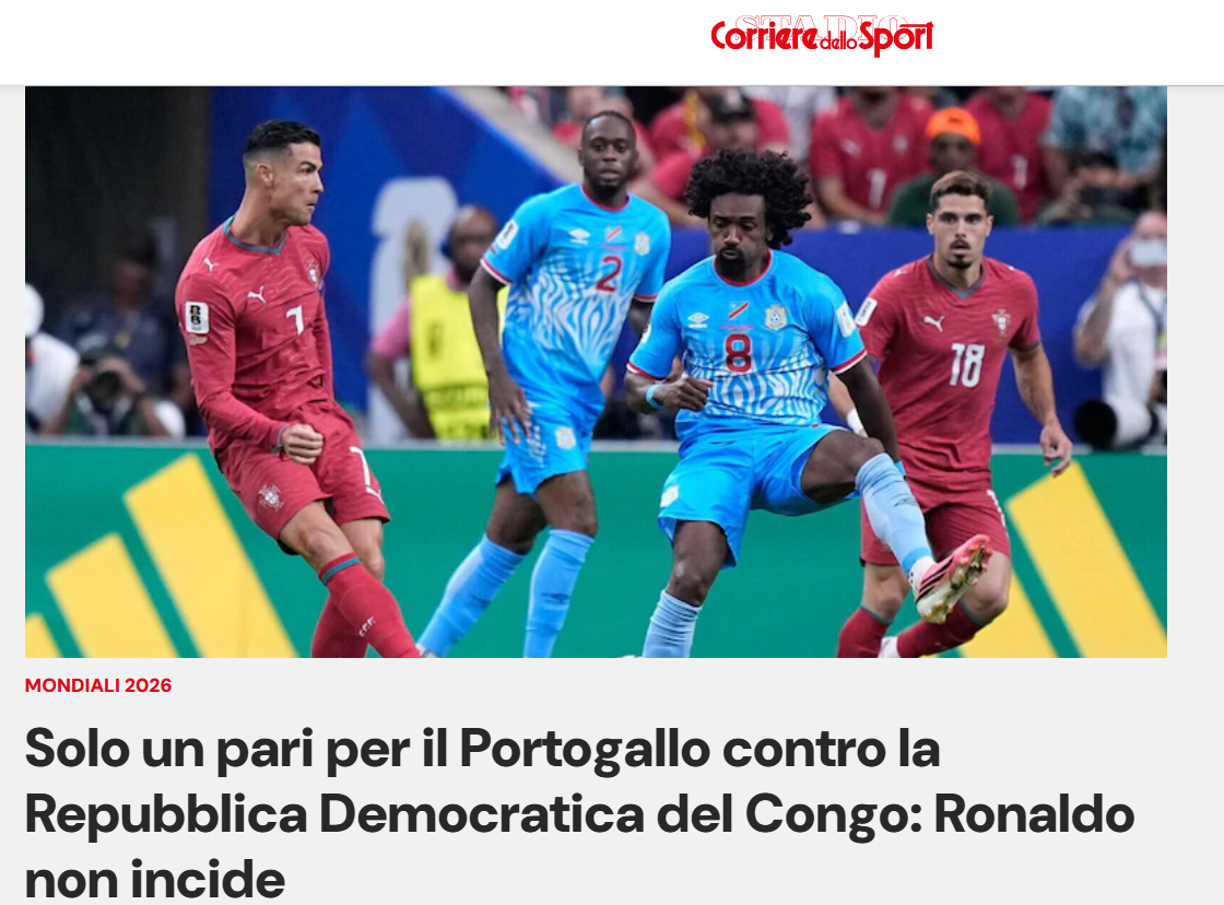 Corriere dello Sport - Apenas um empate para Portugal frente à RD Congo. Ronaldo não teve impacto