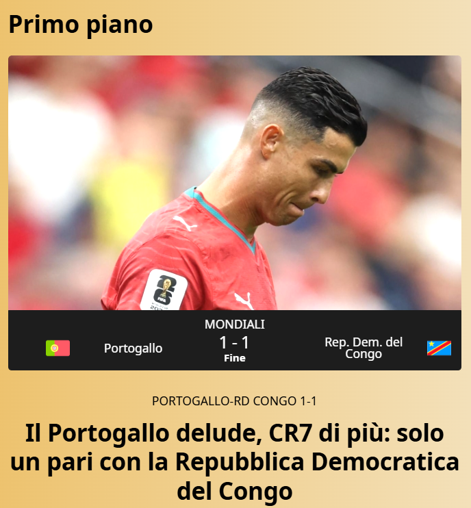 Gazzetta dello Sport - Portugal desilude, Ronaldo ainda mais. Apenas um empate contra a RD Congo