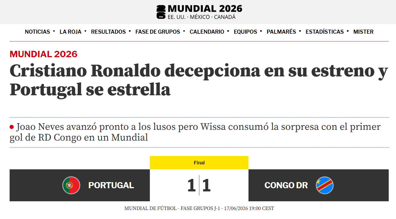 Mundo Deportivo - Cristiano Ronaldo dececiona na estreia e Portugal cai