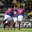 Álvaro Alfaro a festejar o primeiro golo europeu do Torreense