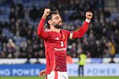 Bruno Fernandes a celebrar o terceiro golo do Man. United em casa do Leicester